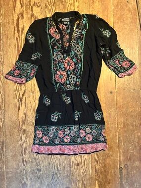 Angie Black Mini Dress with Pink & Teal Floral Embroidery